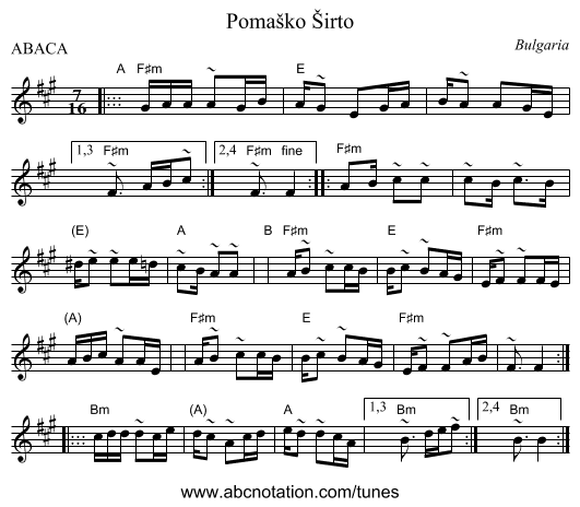 Poma&scaron;ko &Scaron;irto - staff notation