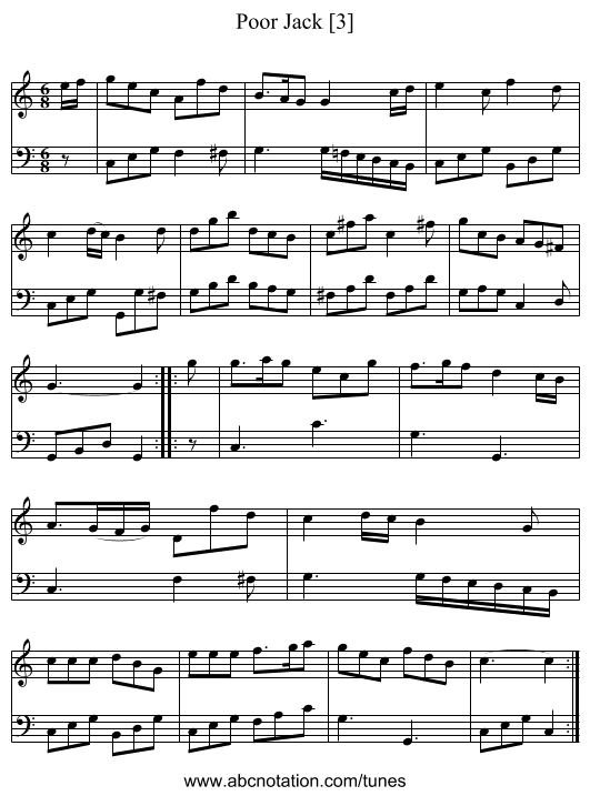 Poor Jack [3] - staff notation