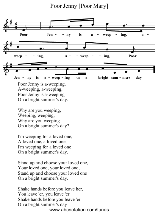 Poor Jenny [Poor Mary] - staff notation