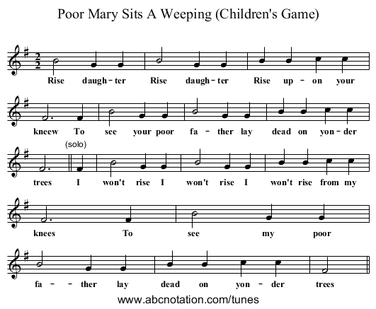 Poor Mary Sits A Weeping (Children's Game) - staff notation