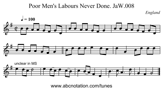 Poor Men's Labours Never Done. JaW.008 - staff notation