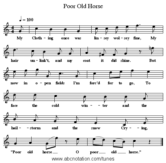 Poor Old Horse - staff notation