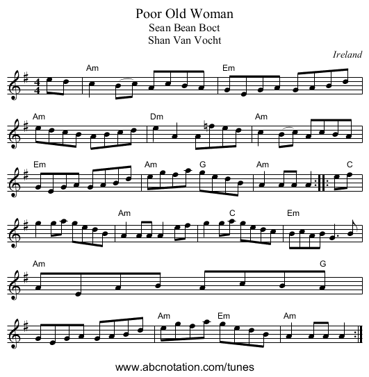Poor Old Woman - staff notation