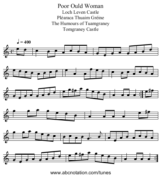 Poor Ould Woman - staff notation
