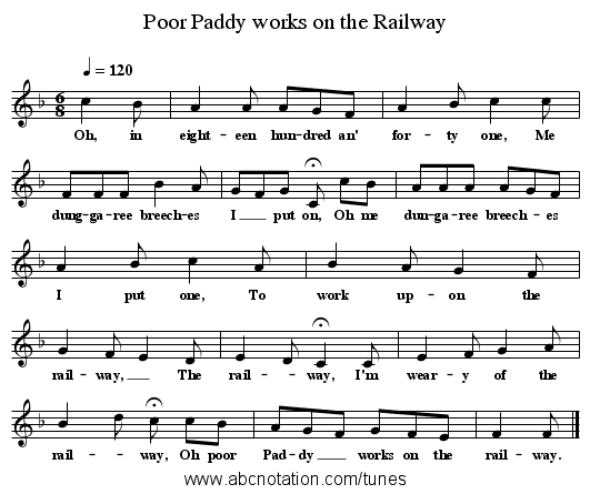 Poor Paddy works on the Railway - staff notation