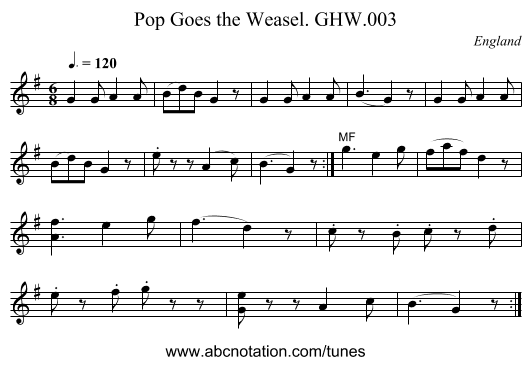 Pop Goes the Weasel. GHW.003 - staff notation