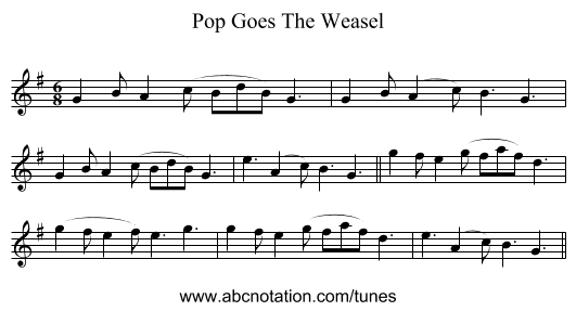 Pop Goes The Weasel - staff notation