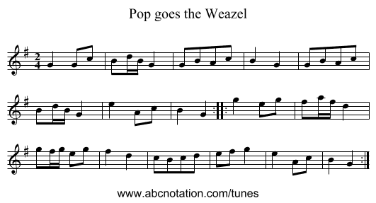 Pop goes the Weazel - staff notation