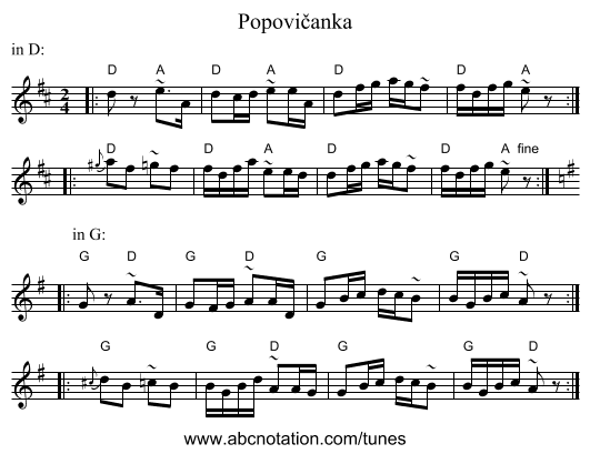 Popovičanka - staff notation