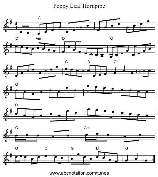 Poppy Leaf Hornpipe - staff notation