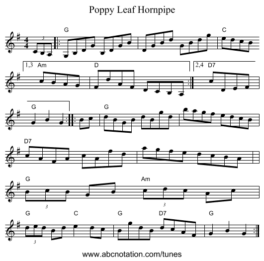 Poppy Leaf Hornpipe - staff notation