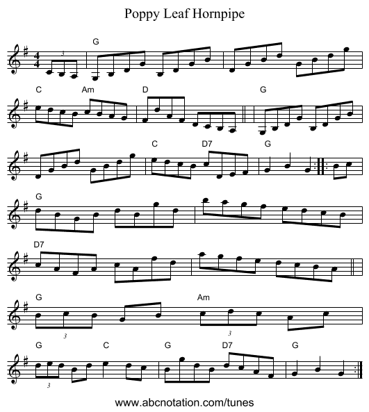 Poppy Leaf Hornpipe - staff notation