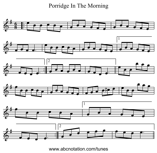 Porridge In The Morning - staff notation