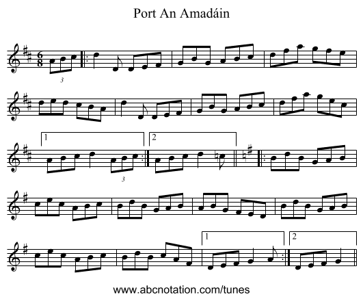 Port An Amadáin - staff notation