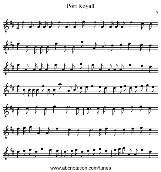 Port Royall - staff notation