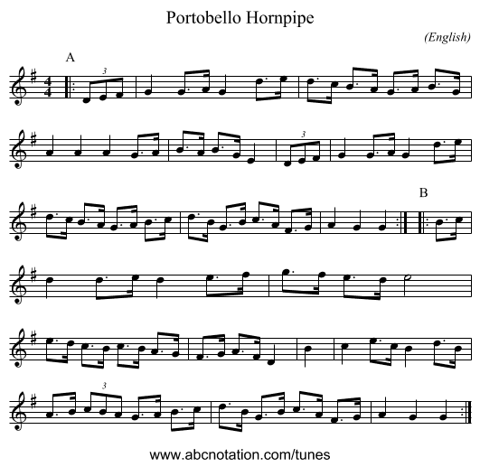 Portobello Hornpipe - staff notation