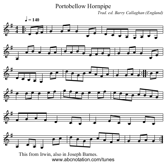 Portobellow Hornpipe - staff notation