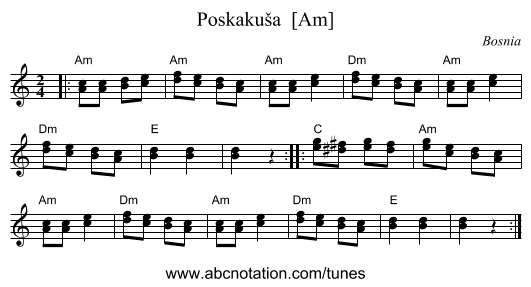 Poskaku&scaron;a  [Am] - staff notation