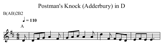 Postman's Knock (Adderbury) in D - staff notation