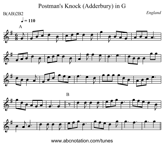 Postman's Knock (Adderbury) in G - staff notation