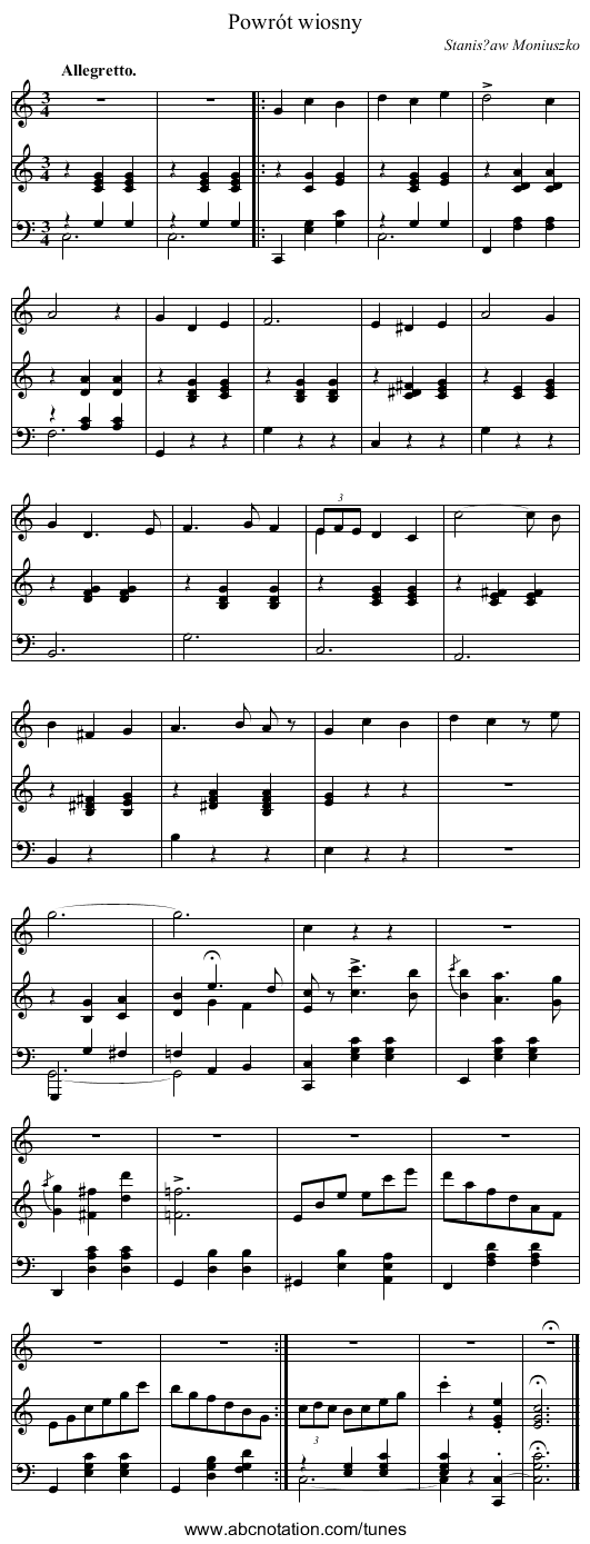 Powrót wiosny - staff notation