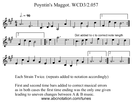 Poyntin's Maggot. WCD3/2.057 - staff notation
