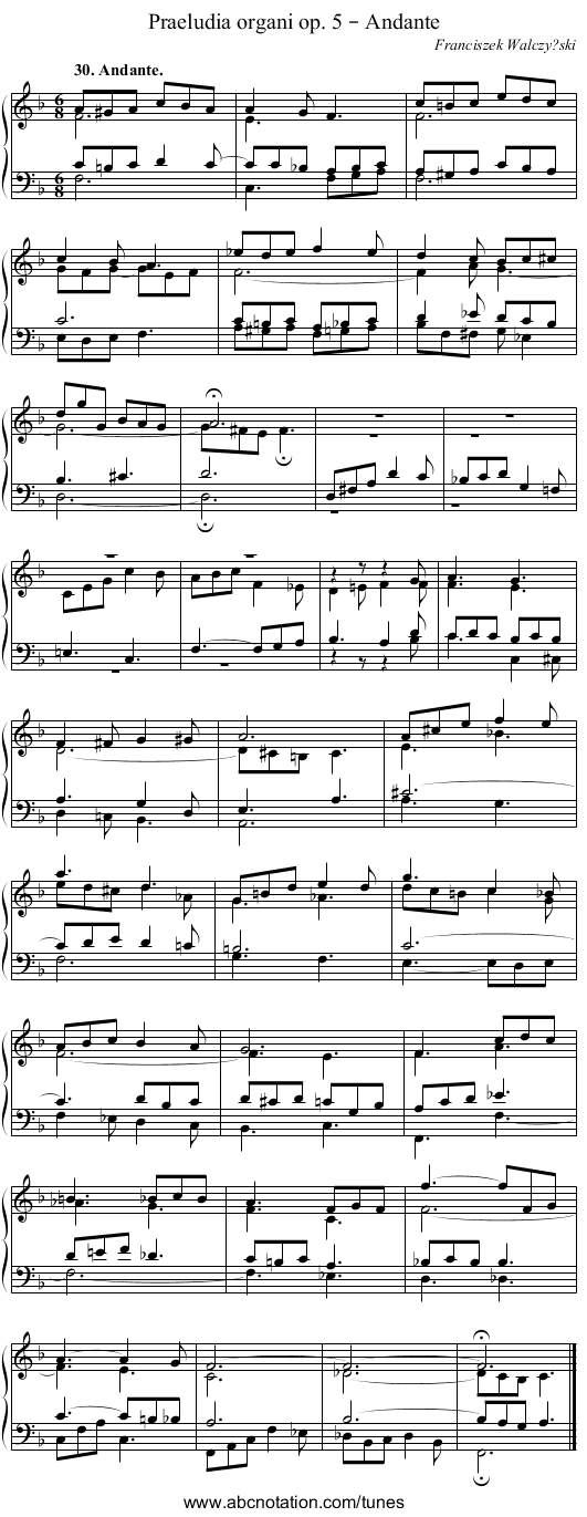 Praeludia organi op. 5 – Andante - staff notation