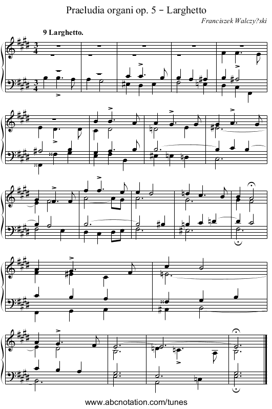 Praeludia organi op. 5 – Larghetto - staff notation