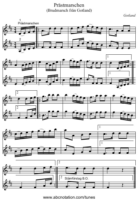 Prästmarschen - staff notation