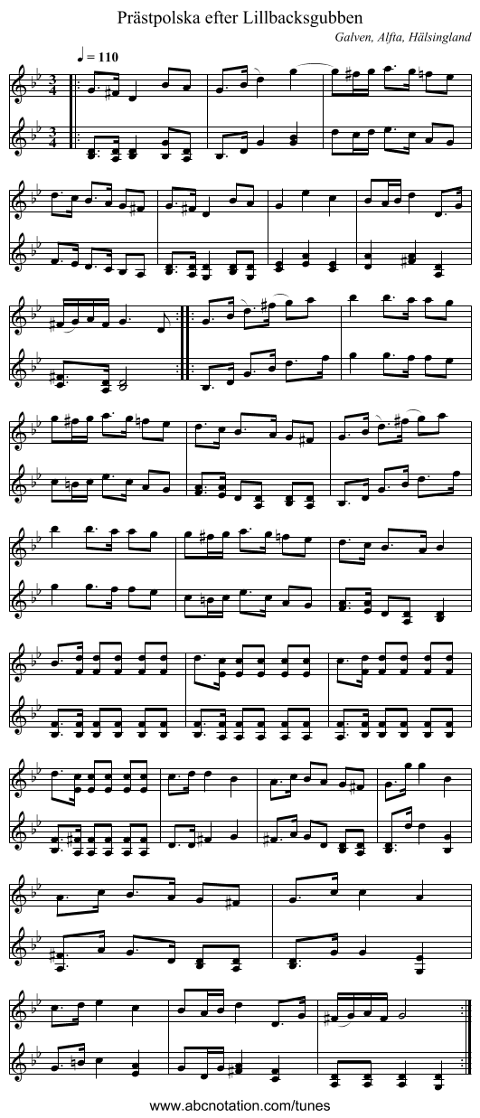 Prästpolska efter Lillbacksgubben - staff notation