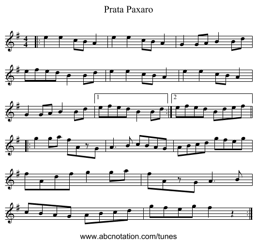 Prata Paxaro - staff notation