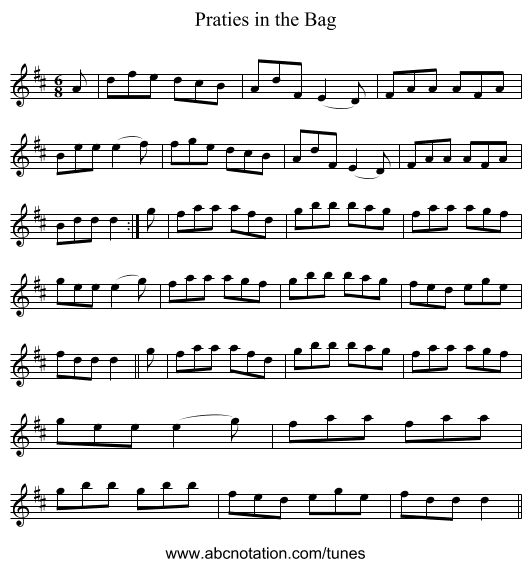 Praties in the Bag - staff notation