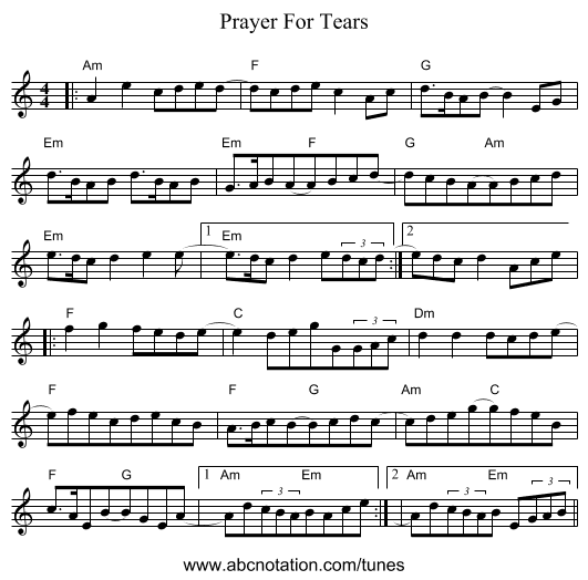 Prayer For Tears - staff notation