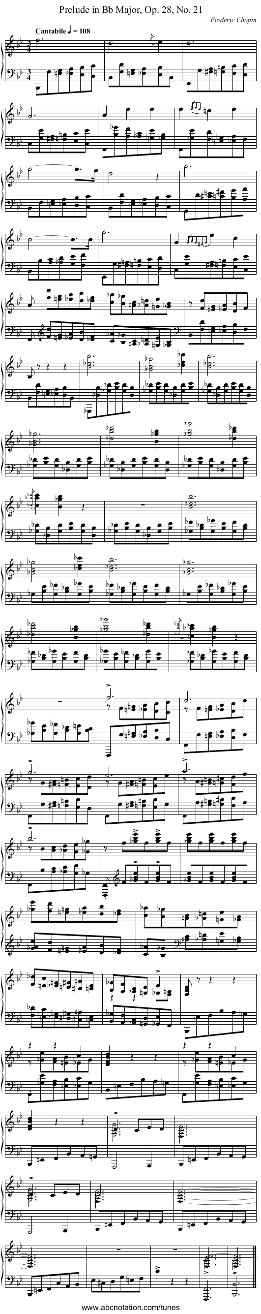 Prelude in B♭ Major, Op. 28, No. 21 - staff notation