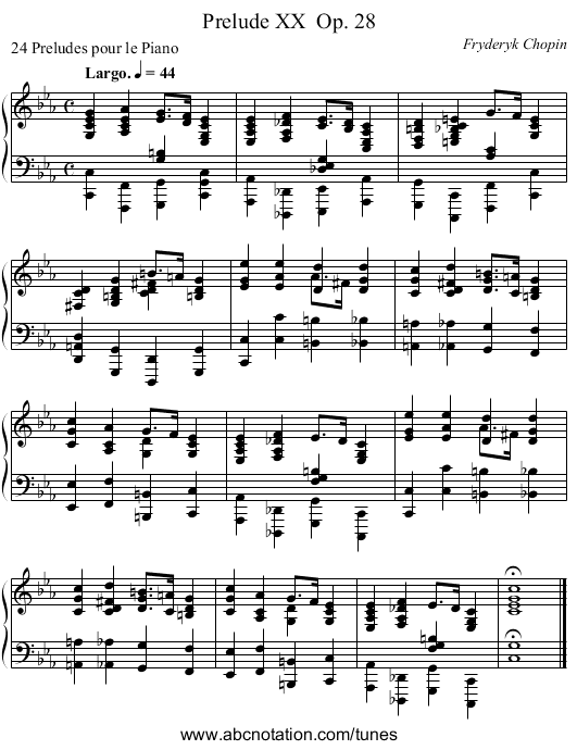 Prelude XX Op. 28 - staff notation