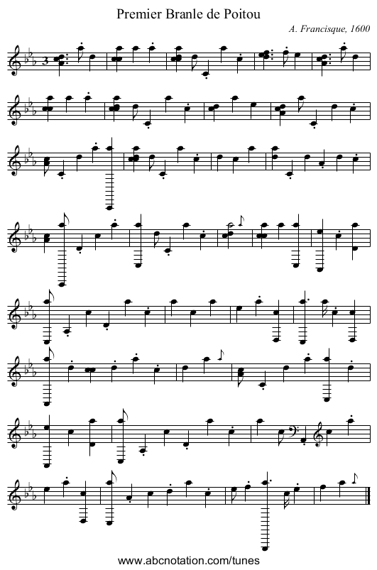Premier Branle de Poitou - staff notation