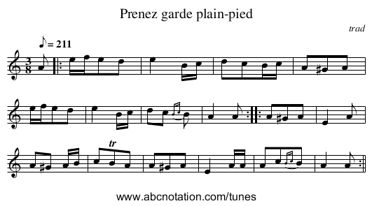 Prenez garde plain-pied - staff notation