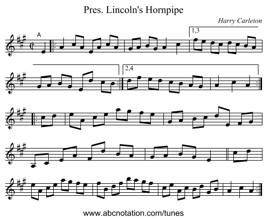 Pres. Lincoln's Hornpipe - staff notation