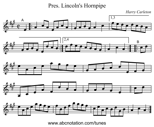 Pres. Lincoln's Hornpipe - staff notation