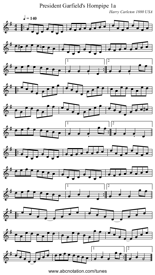 President Garfield's Hornpipe 1a - staff notation