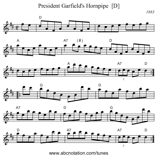 President Garfield's Hornpipe  [D] - staff notation
