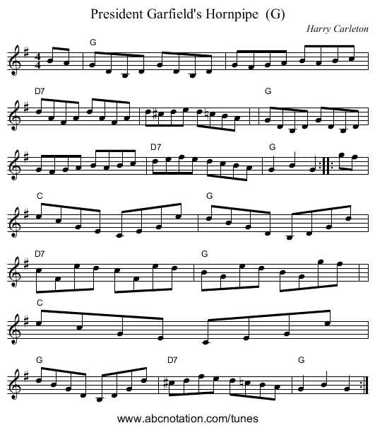President Garfield's Hornpipe  (G) - staff notation