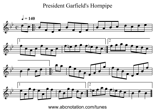 President Garfield's Hornpipe - staff notation