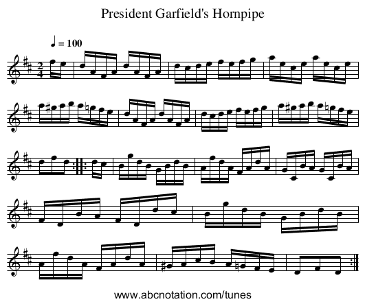 President Garfield's Hornpipe - staff notation