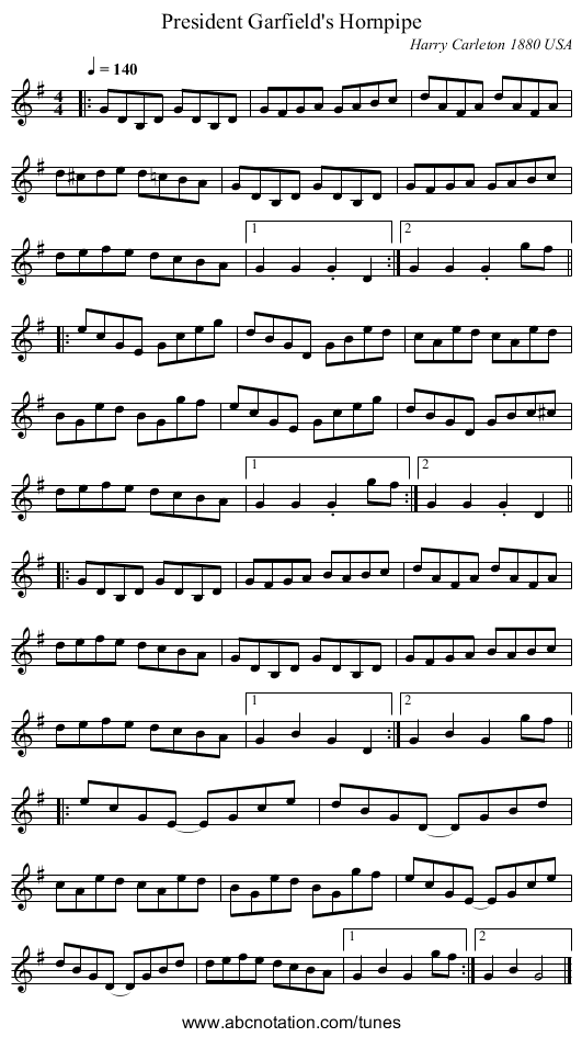President Garfield's Hornpipe - staff notation