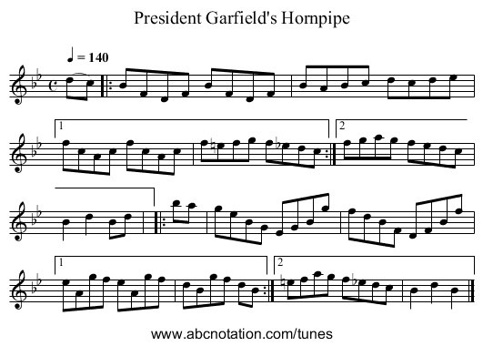 President Garfield's Hornpipe - staff notation