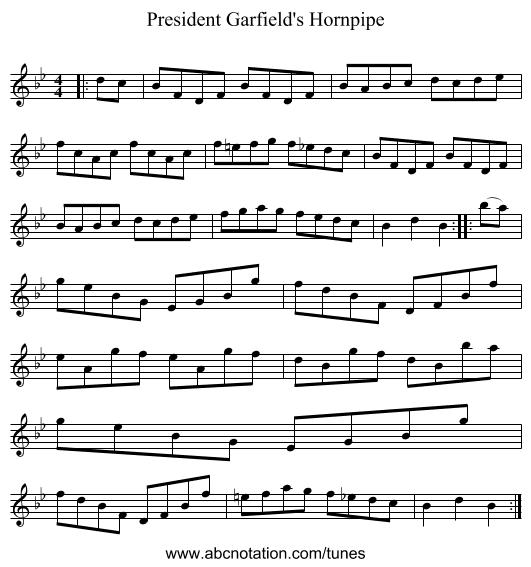 President Garfield's Hornpipe - staff notation