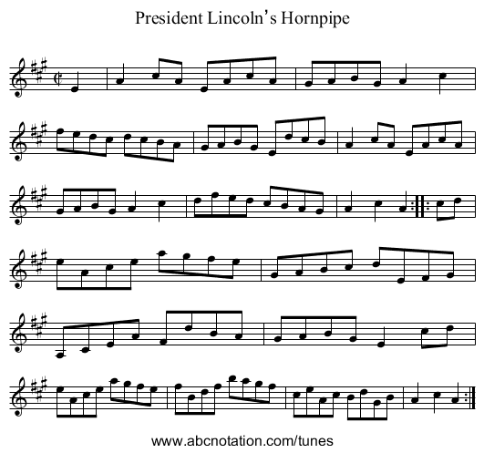 President Lincoln’s Hornpipe - staff notation