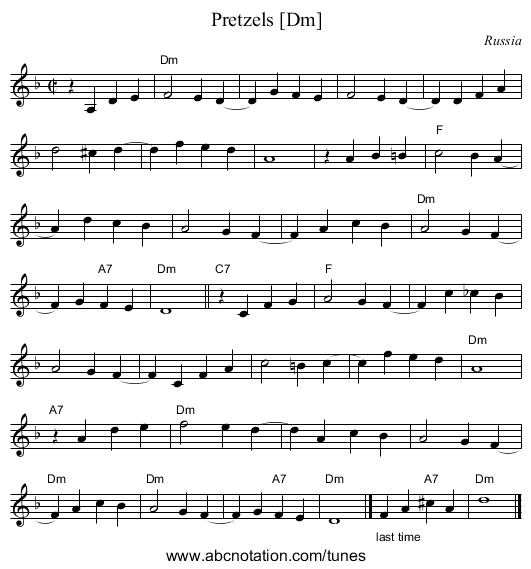 Pretzels [Dm] - staff notation