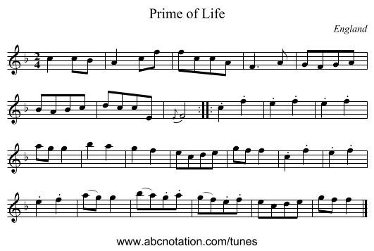 Prime of Life - staff notation